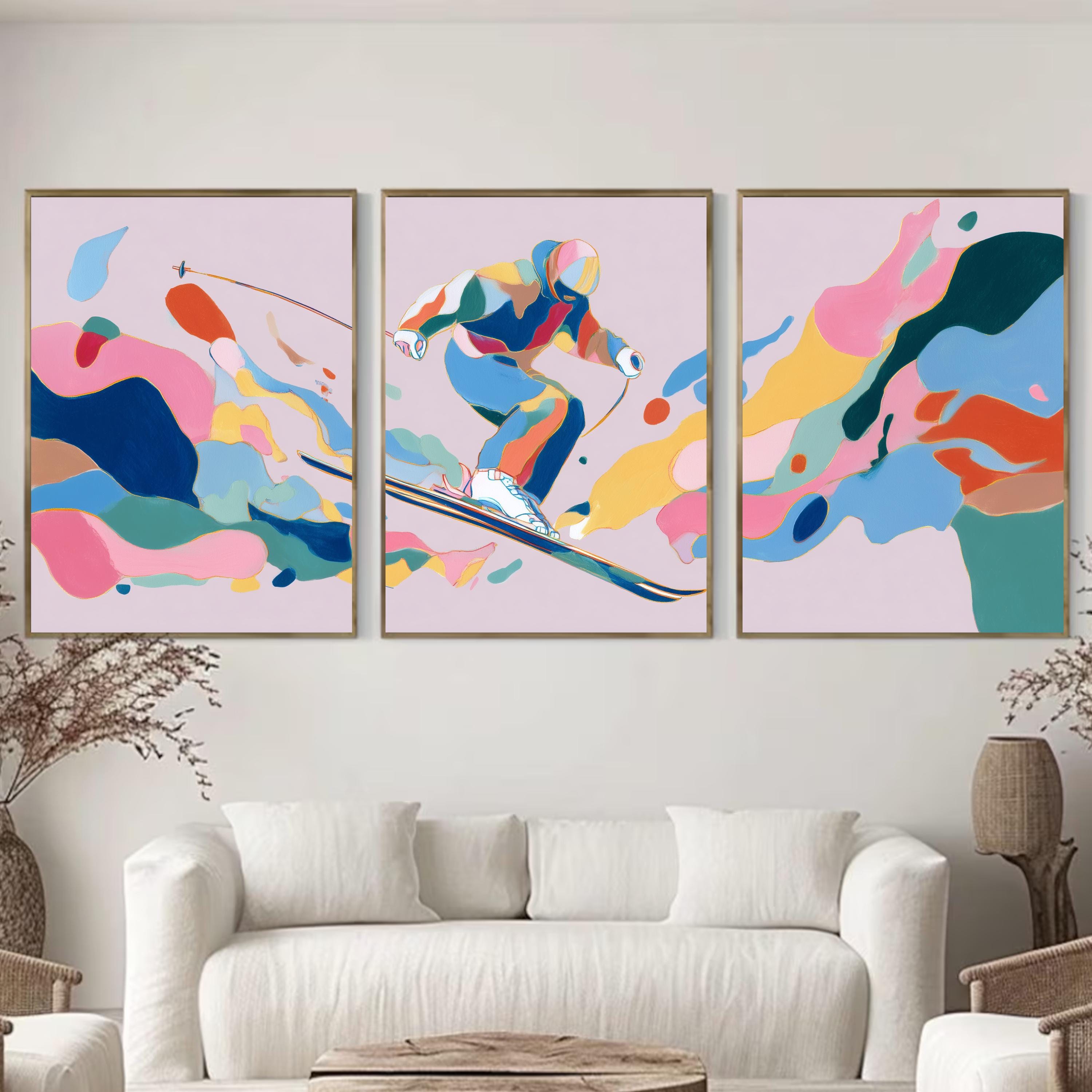 Abstract Skier Painting Poster Set | 3 Piece Wall Art Prints | Extreme Winter Sports Acrylic Artwork | Large 32x24 Inch Prints