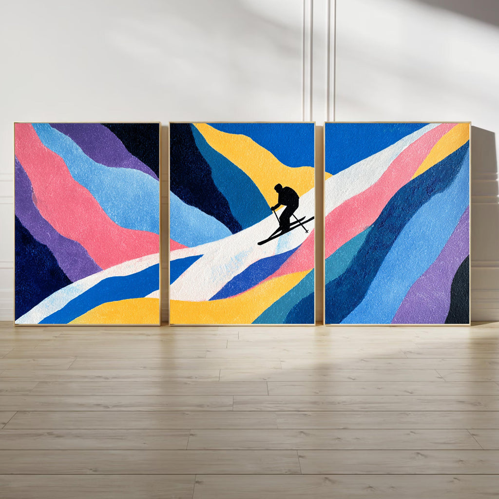 Ski Painting Poster Set | 3 Piece Wall Art Prints | Extreme Winter Sports Acrylic Artwork | Large 32x24 Inch Prints