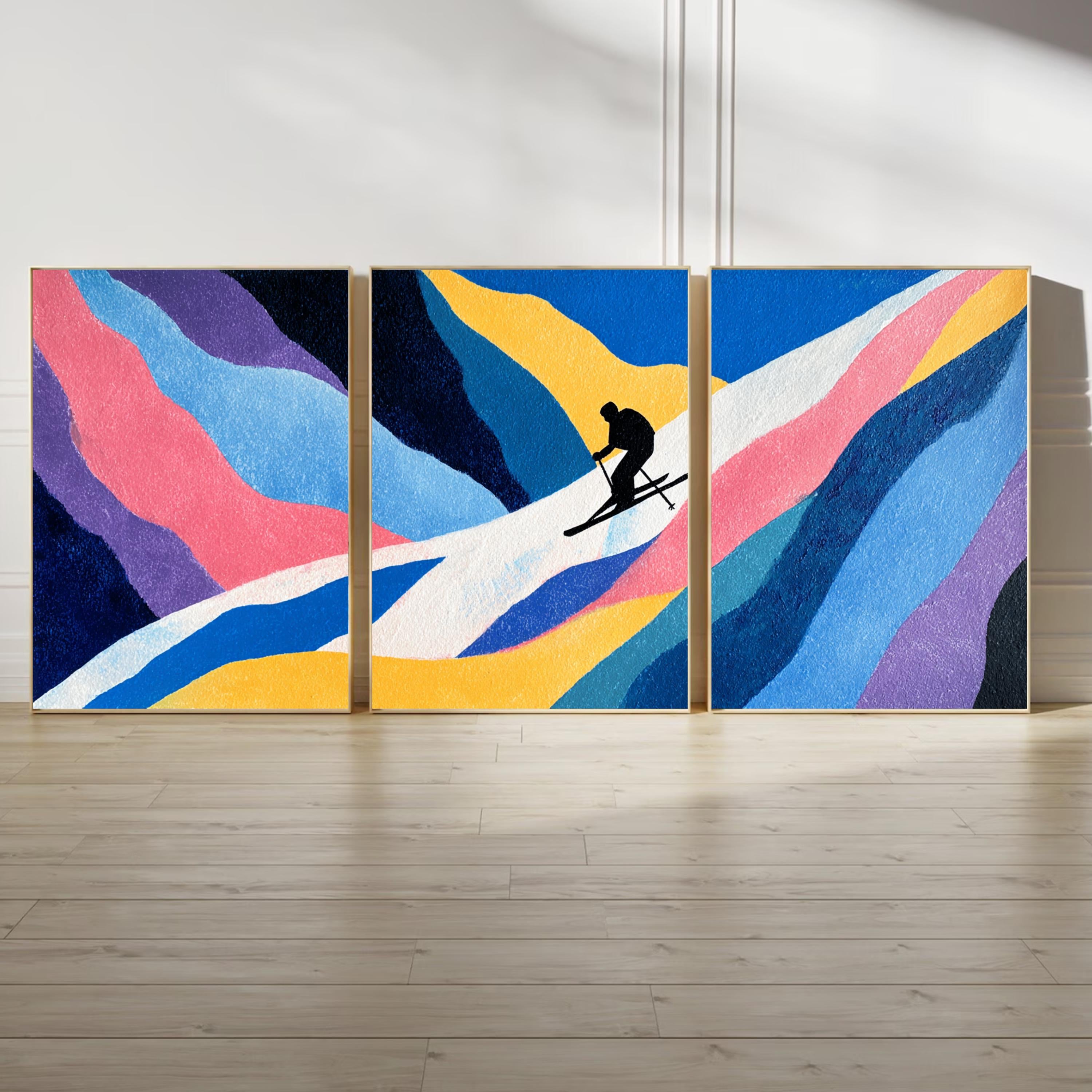 Ski Painting Poster Set | 3 Piece Wall Art Prints | Extreme Winter Sports Acrylic Artwork | Large 32x24 Inch Prints