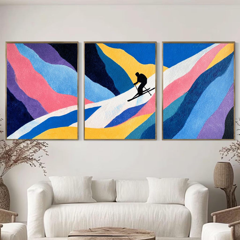 Ski Painting Poster Set | 3 Piece Wall Art Prints | Extreme Winter Sports Acrylic Artwork | Large 32x24 Inch Prints