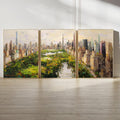 Central Park New York from above | 3-Panel Wall Art , Autumn Cityscape Painting, NYC Skyline & Park Trio