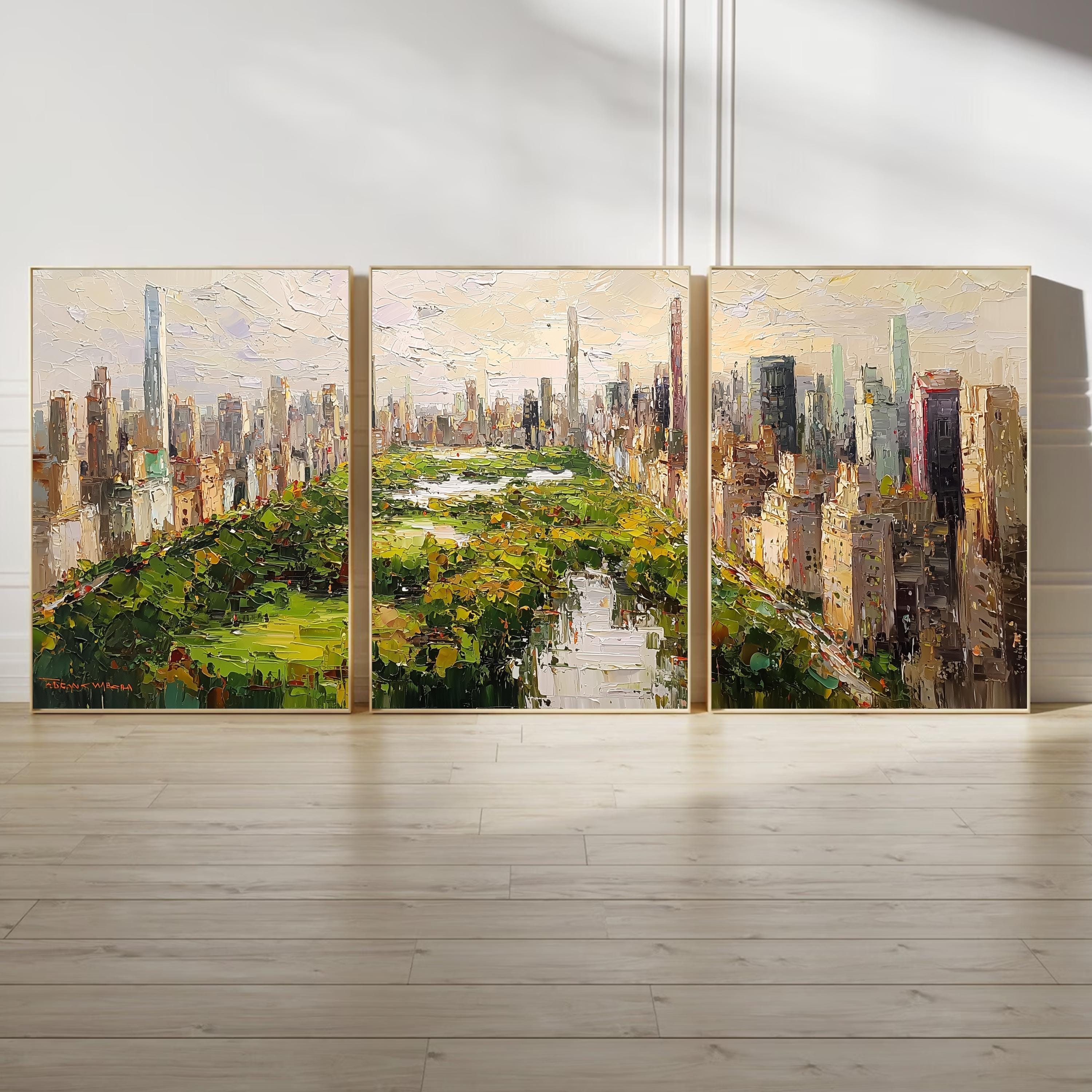 Central Park New York from above | 3-Panel Wall Art , Autumn Cityscape Painting, NYC Skyline & Park Trio