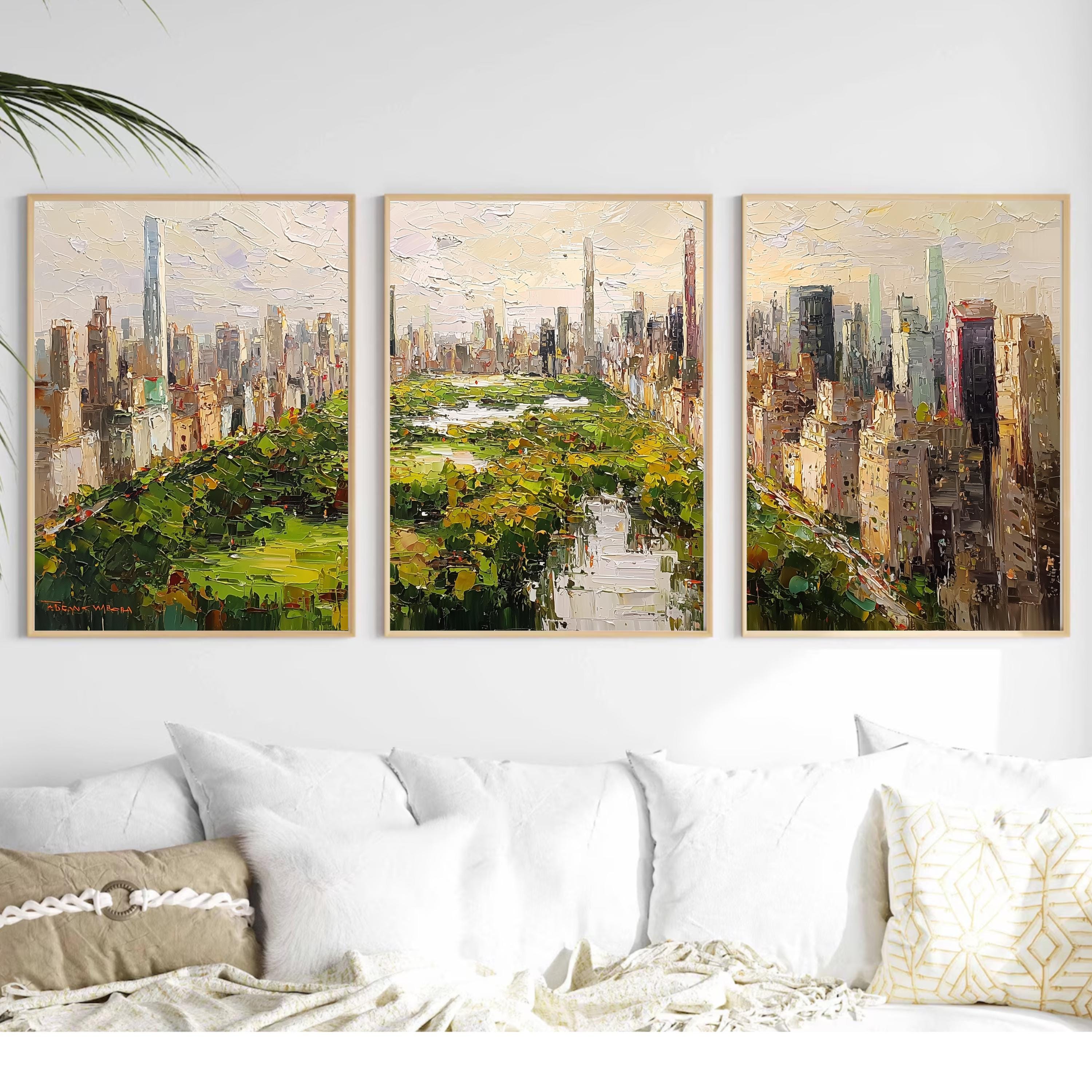 Central Park New York from above | 3-Panel Wall Art , Autumn Cityscape Painting, NYC Skyline & Park Trio