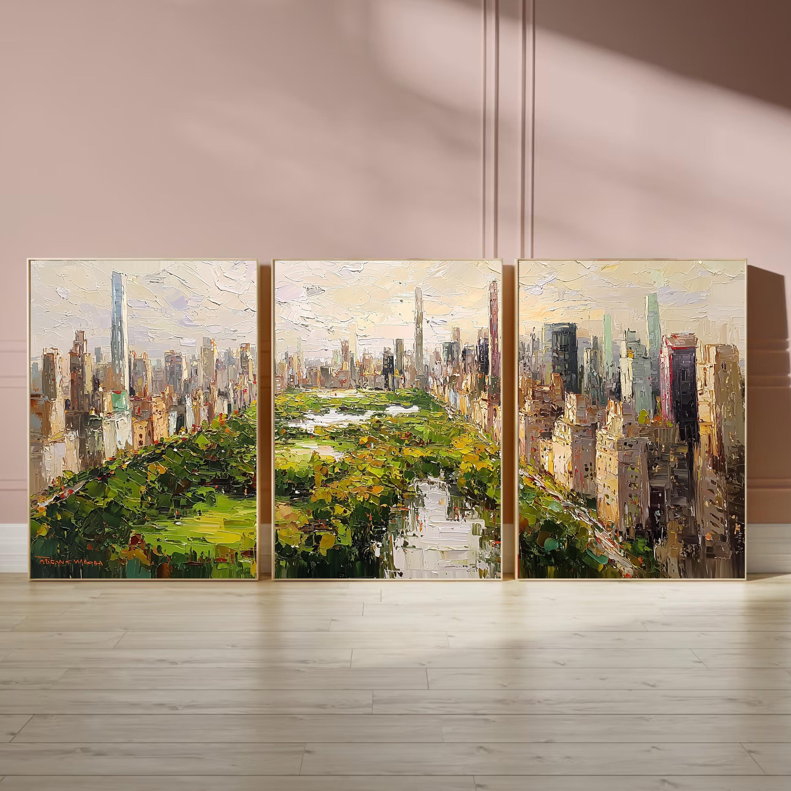 Central Park New York from above | 3-Panel Wall Art , Autumn Cityscape Painting, NYC Skyline & Park Trio