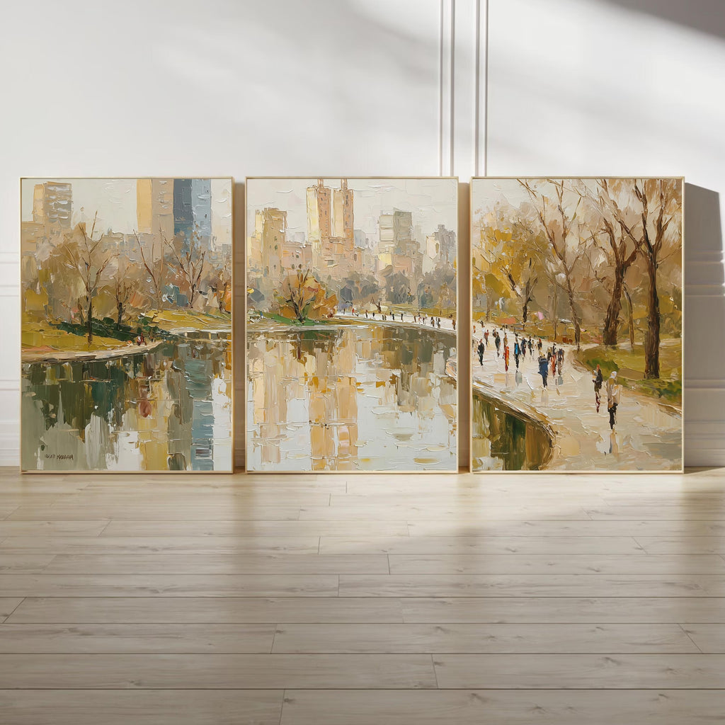 New York Central park 3-Panel Wall Art, Autumn Cityscape Painting, NYC Skyline & Park Trio