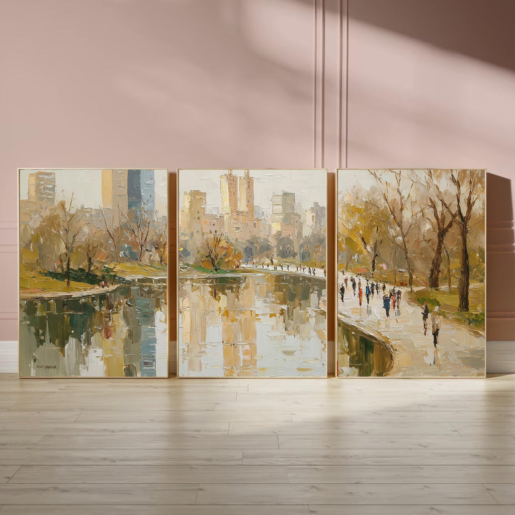 New York Central park 3-Panel Wall Art, Autumn Cityscape Painting, NYC Skyline & Park Trio