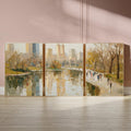New York Central park 3-Panel Wall Art, Autumn Cityscape Painting, NYC Skyline & Park Trio