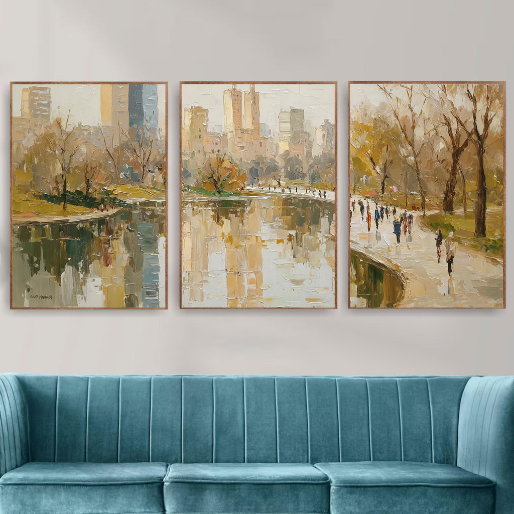 New York Central park 3-Panel Wall Art, Autumn Cityscape Painting, NYC Skyline & Park Trio