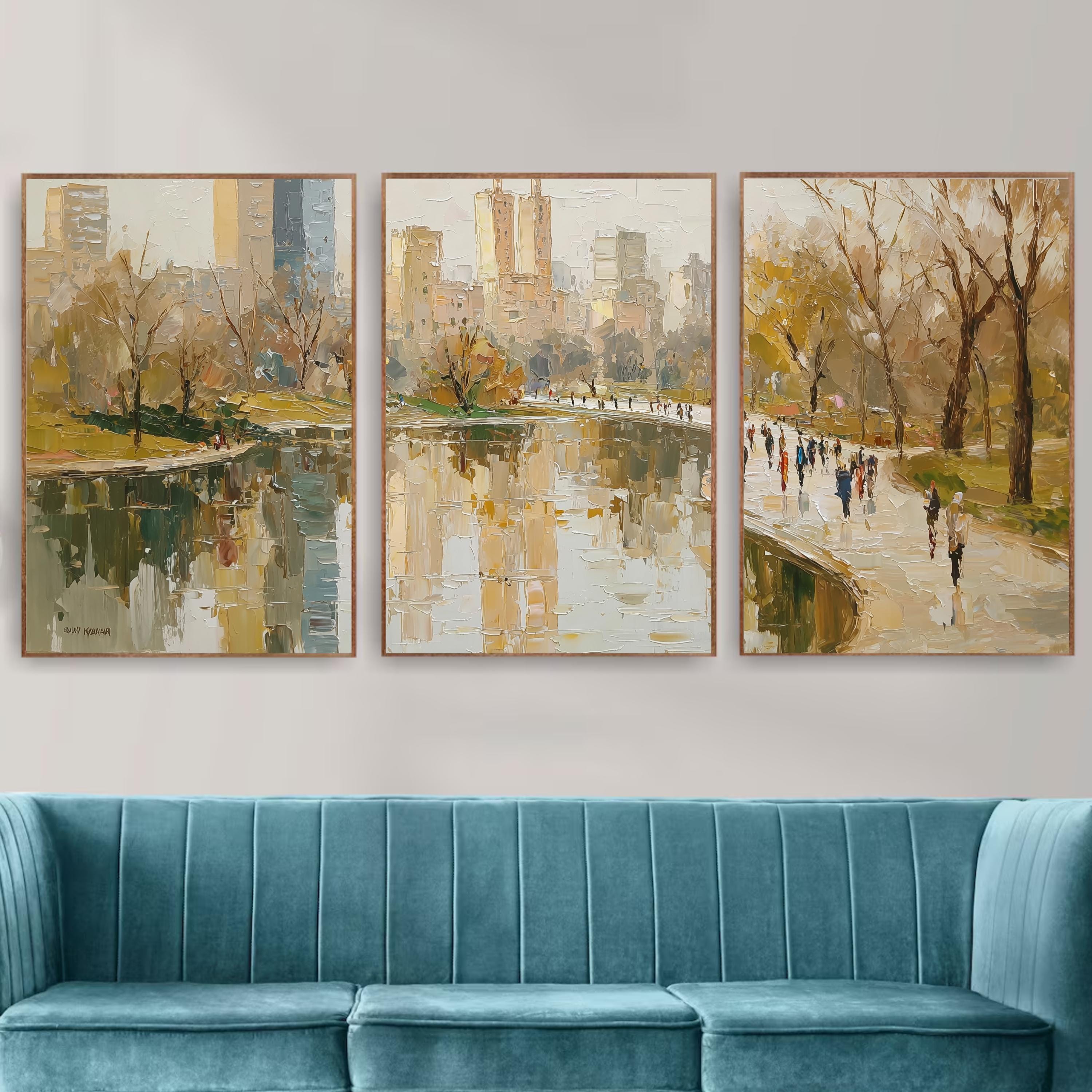 New York Central park 3-Panel Wall Art, Autumn Cityscape Painting, NYC Skyline & Park Trio