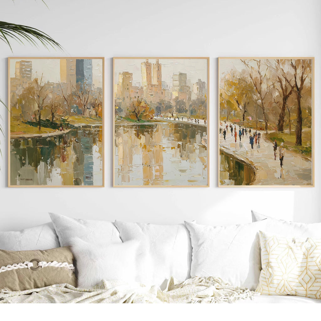 New York Central park 3-Panel Wall Art, Autumn Cityscape Painting, NYC Skyline & Park Trio