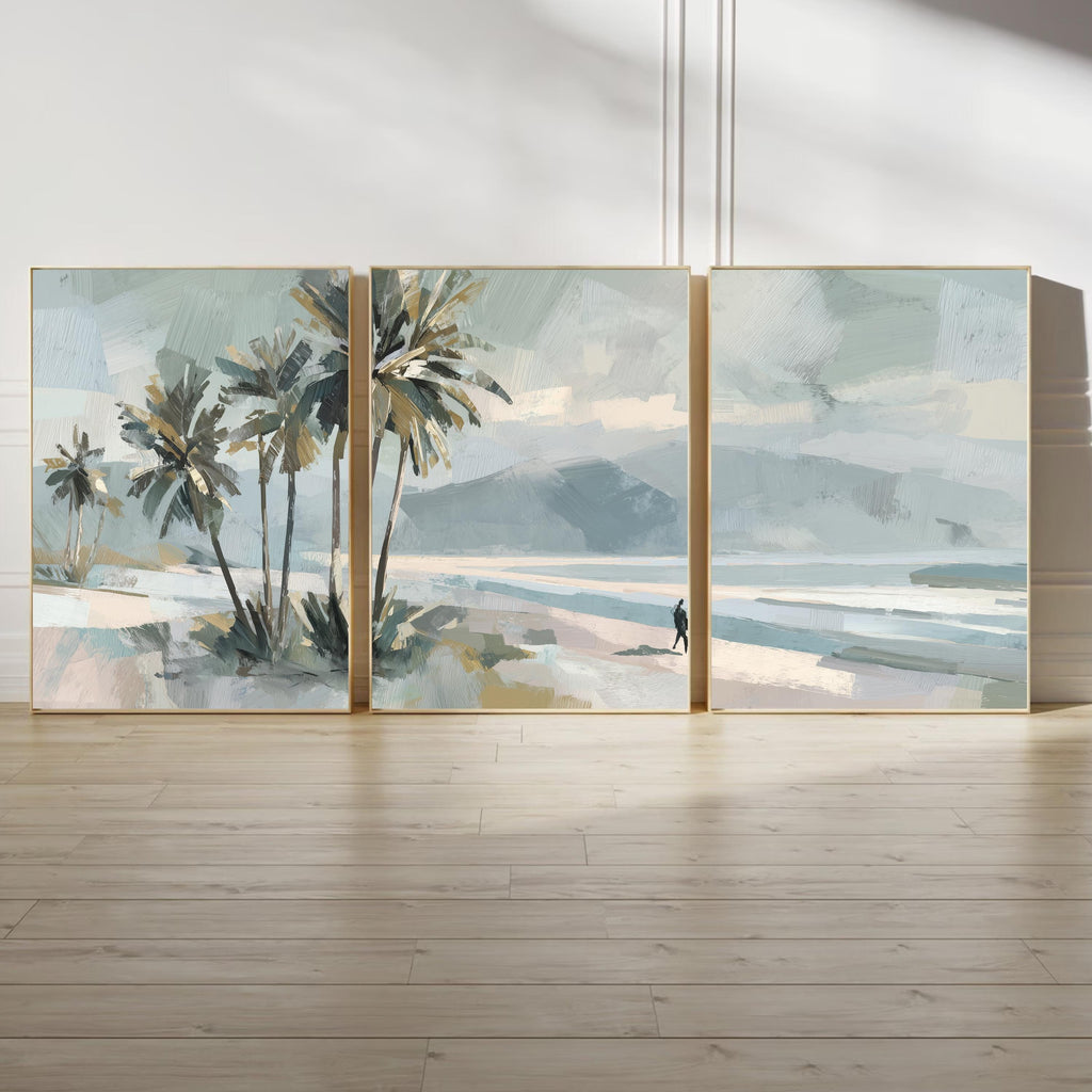 Coastal Palm Tree Wall Art Set of 3 | Neutral Beach Landscape Prints | Modern Ocean