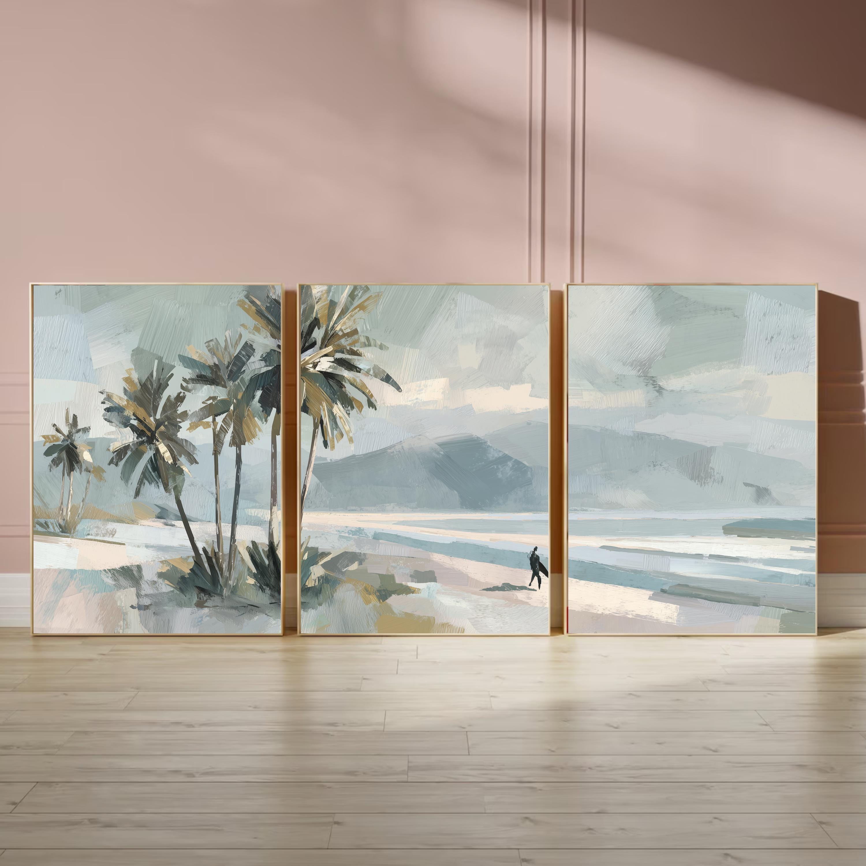 Coastal Palm Tree Wall Art Set of 3 | Neutral Beach Landscape Prints | Modern Ocean
