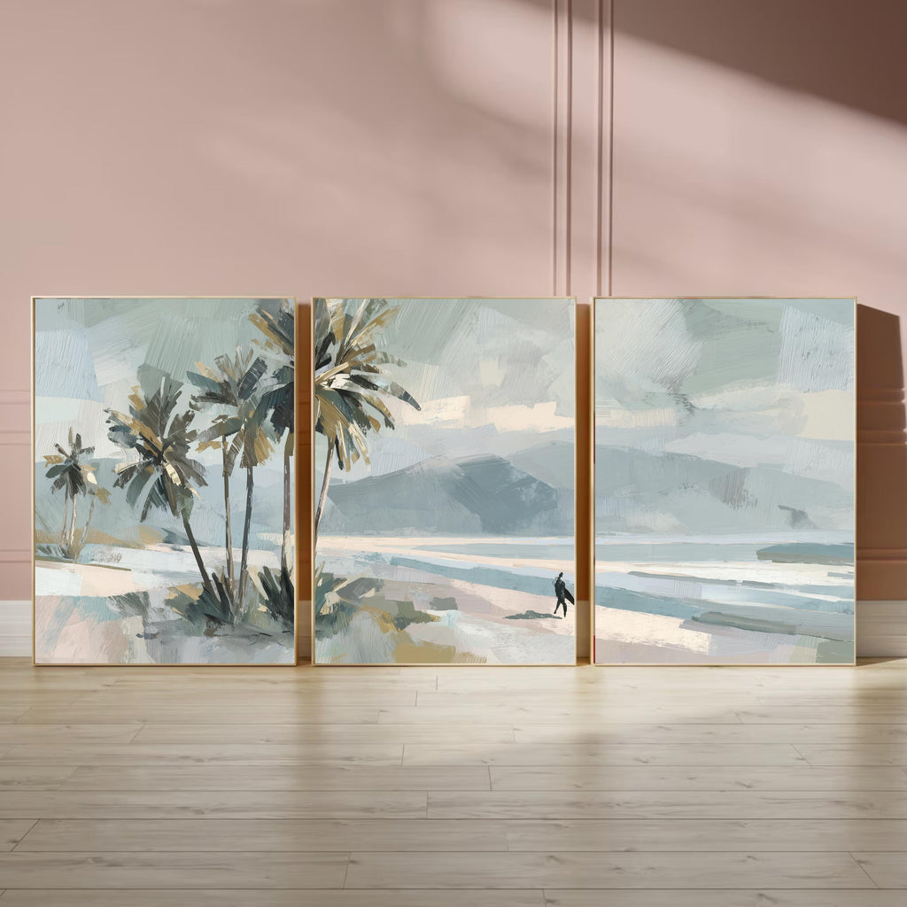 Coastal Palm Tree Wall Art Set of 3 | Neutral Beach Landscape Prints | Modern Ocean