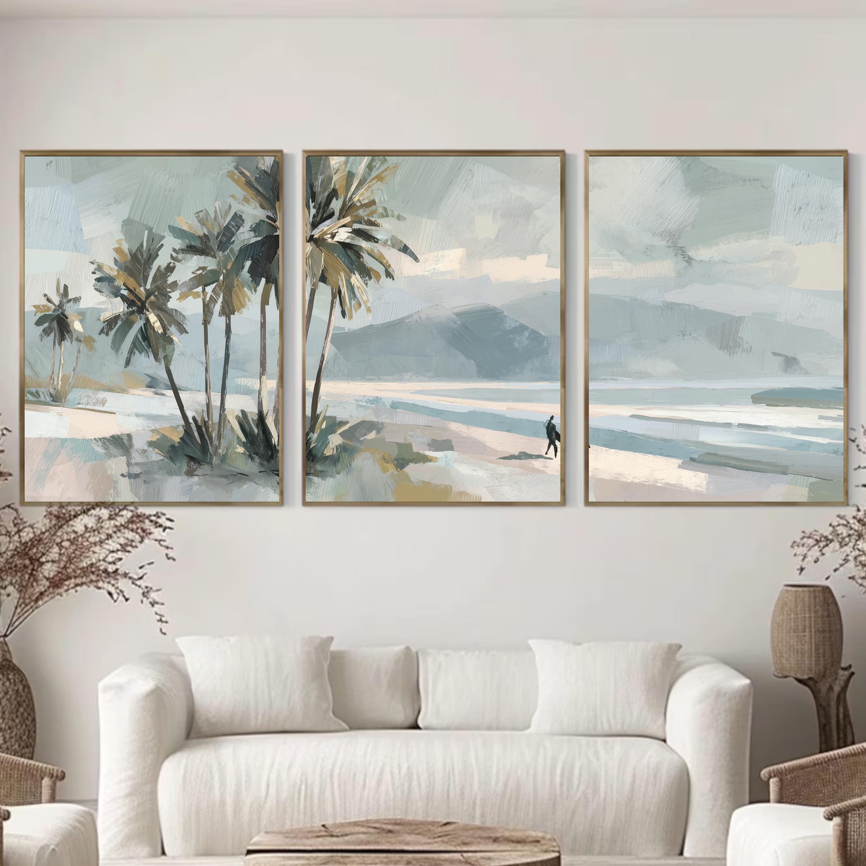 Coastal Palm Tree Wall Art Set of 3 | Neutral Beach Landscape Prints | Modern Ocean