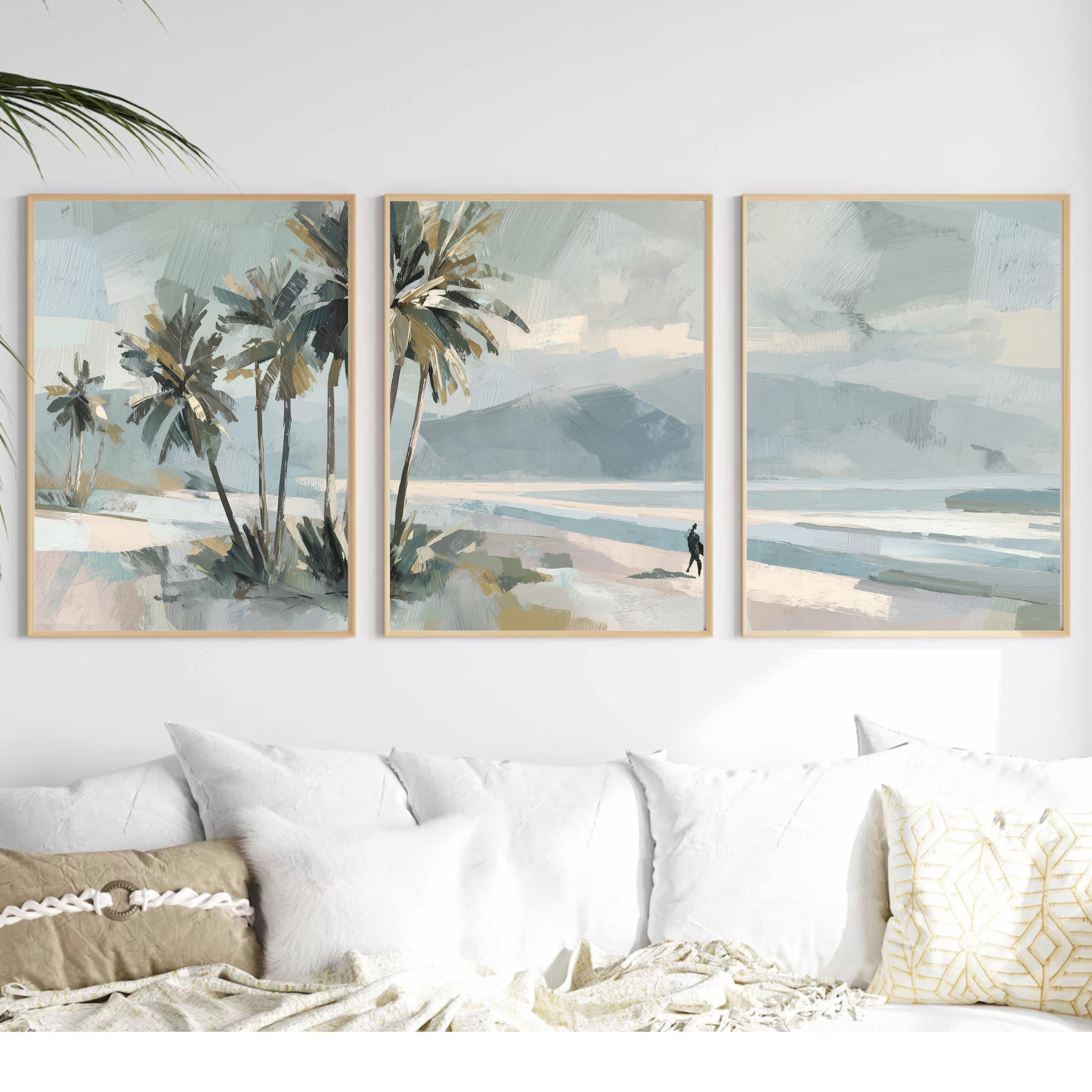 Coastal Palm Tree Wall Art Set of 3 | Neutral Beach Landscape Prints | Modern Ocean