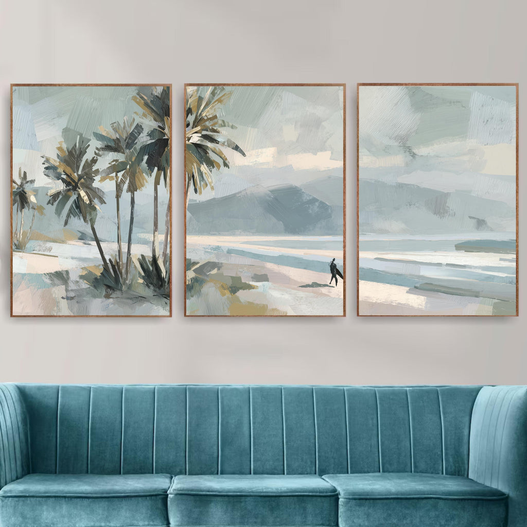 Coastal Palm Tree Wall Art Set of 3 | Neutral Beach Landscape Prints | Modern Ocean