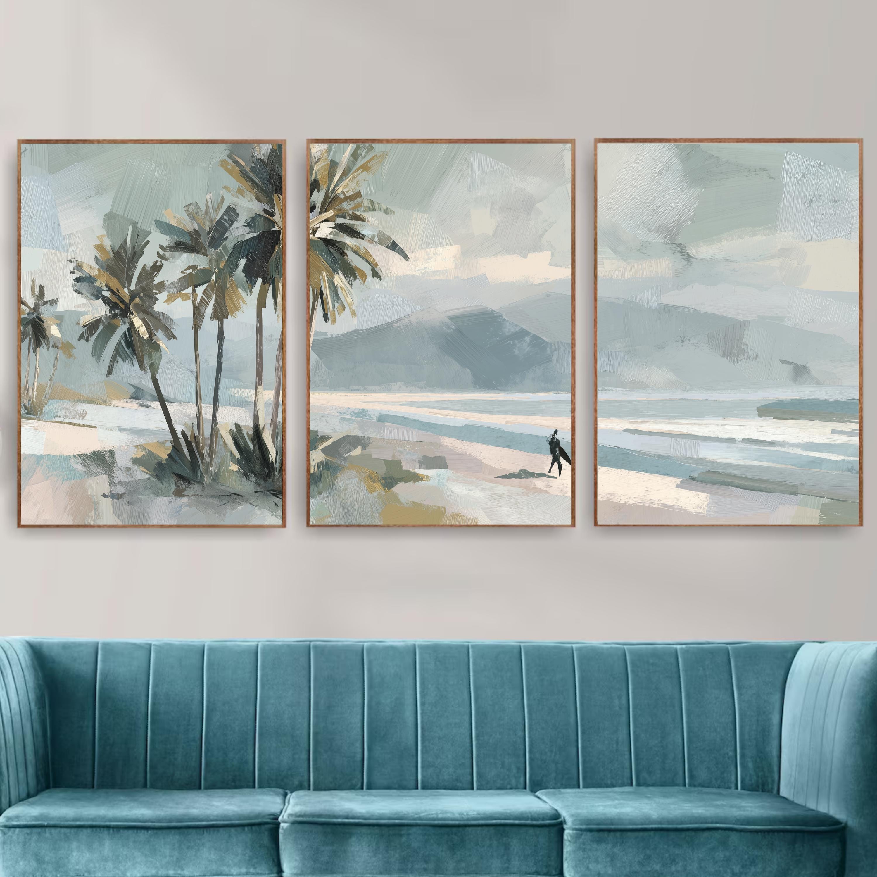 Coastal Palm Tree Wall Art Set of 3 | Neutral Beach Landscape Prints | Modern Ocean