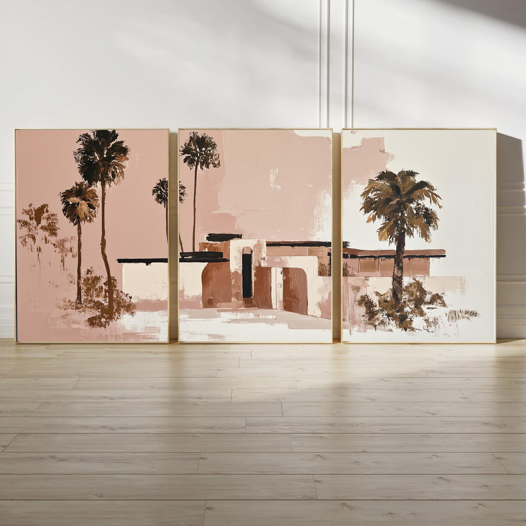 Teracotta Poster, Pink Palm Springs Wall Art Set of 3, Neutral Desert Prints, Modern Palm Tree Decor, Abstract California Poster Set