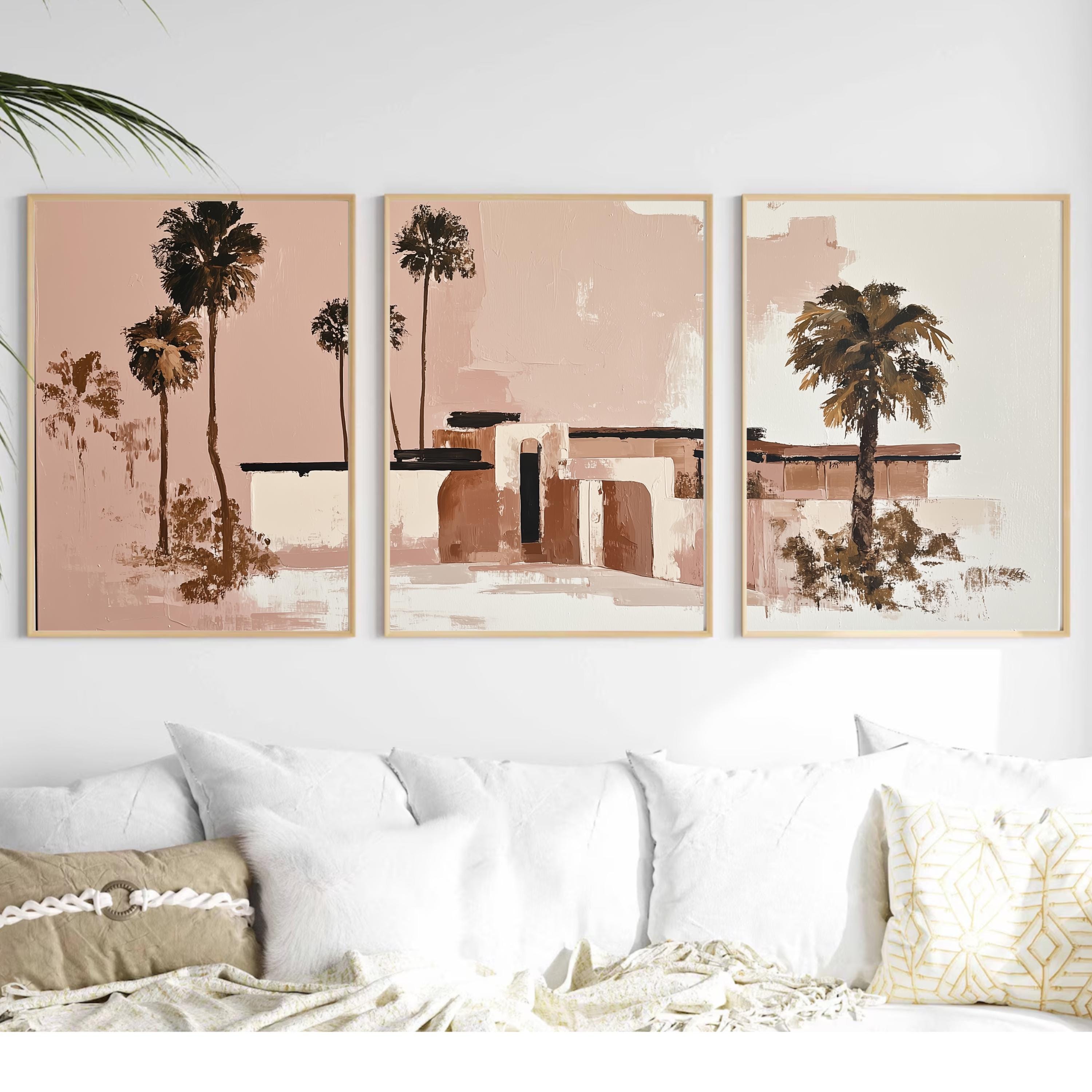 Teracotta Poster, Pink Palm Springs Wall Art Set of 3, Neutral Desert Prints, Modern Palm Tree Decor, Abstract California Poster Set