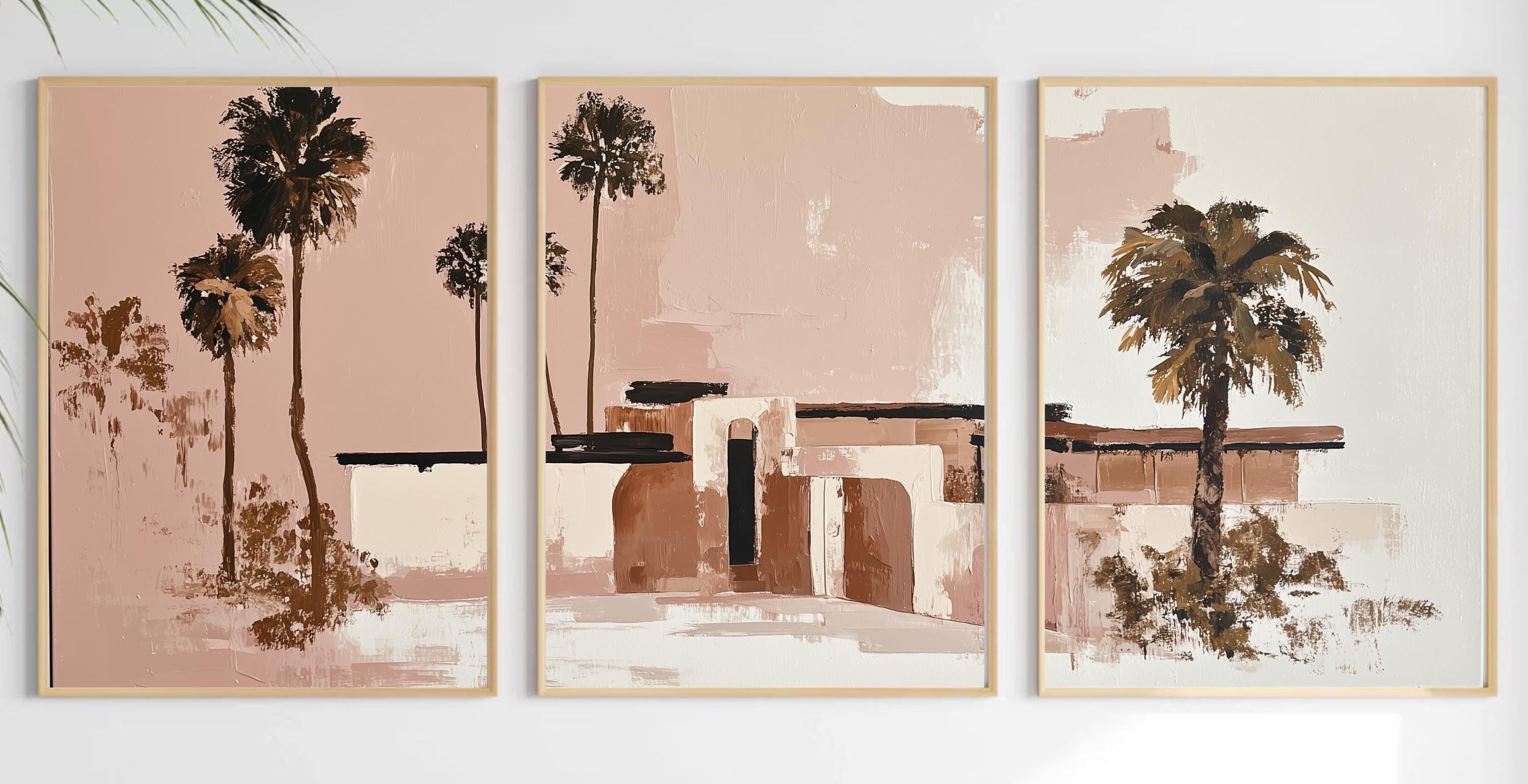 Teracotta Poster, Pink Palm Springs Wall Art Set of 3, Neutral Desert Prints, Modern Palm Tree Decor, Abstract California Poster Set