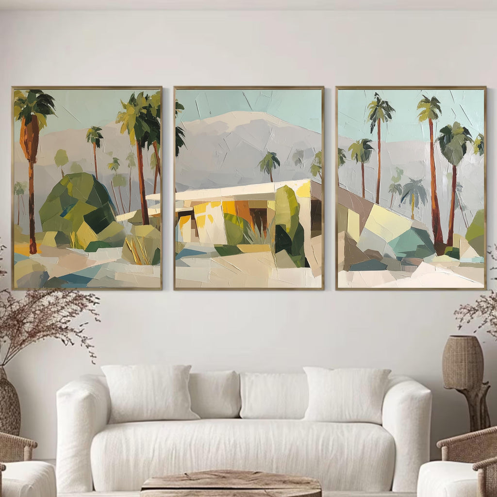 Palm Springs Wall Art Set of 3, Abstract Desert Landscape Prints, Mid Century Modern Palm Tree Decor, Neutral California Art