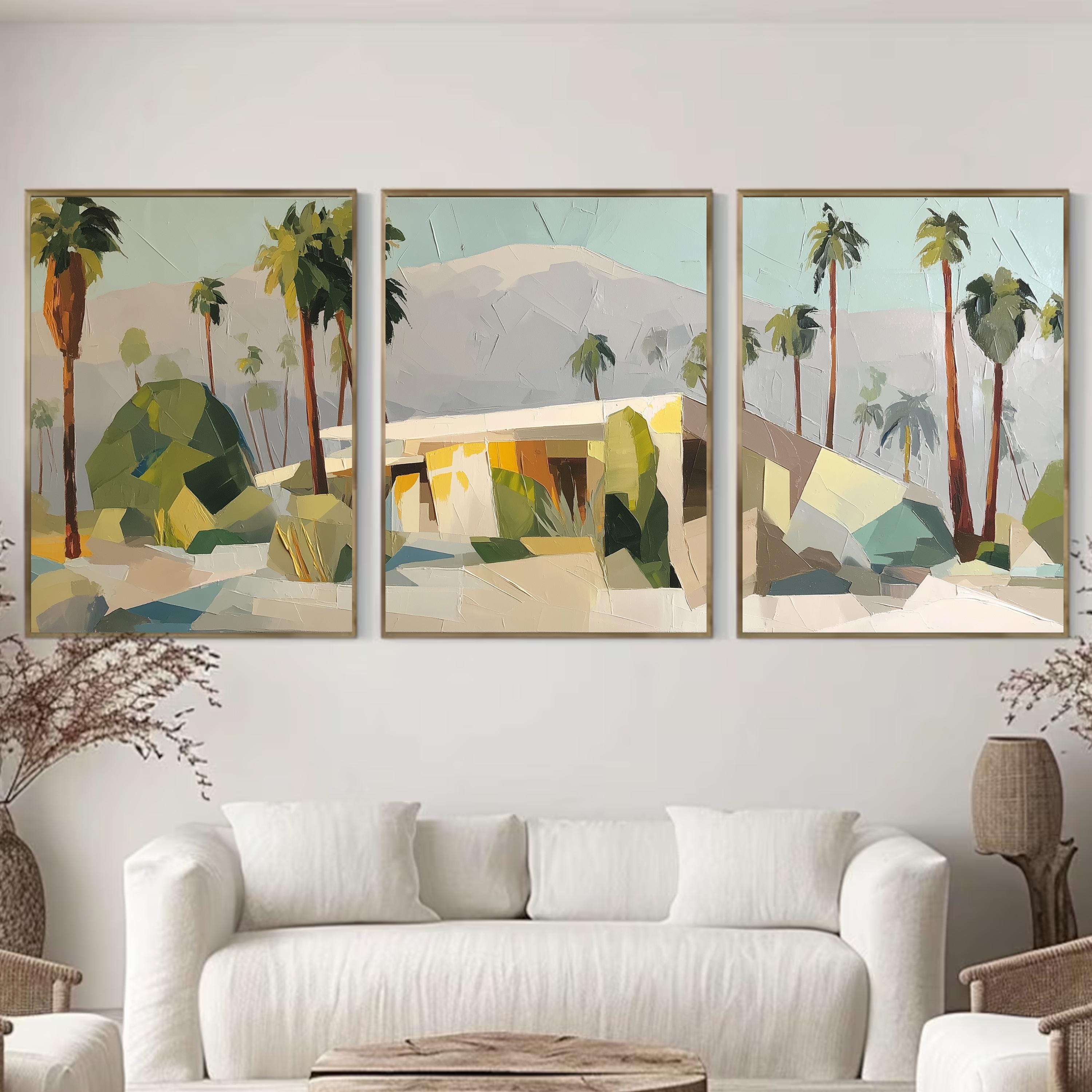Palm Springs Wall Art Set of 3, Abstract Desert Landscape Prints, Mid Century Modern Palm Tree Decor, Neutral California Art