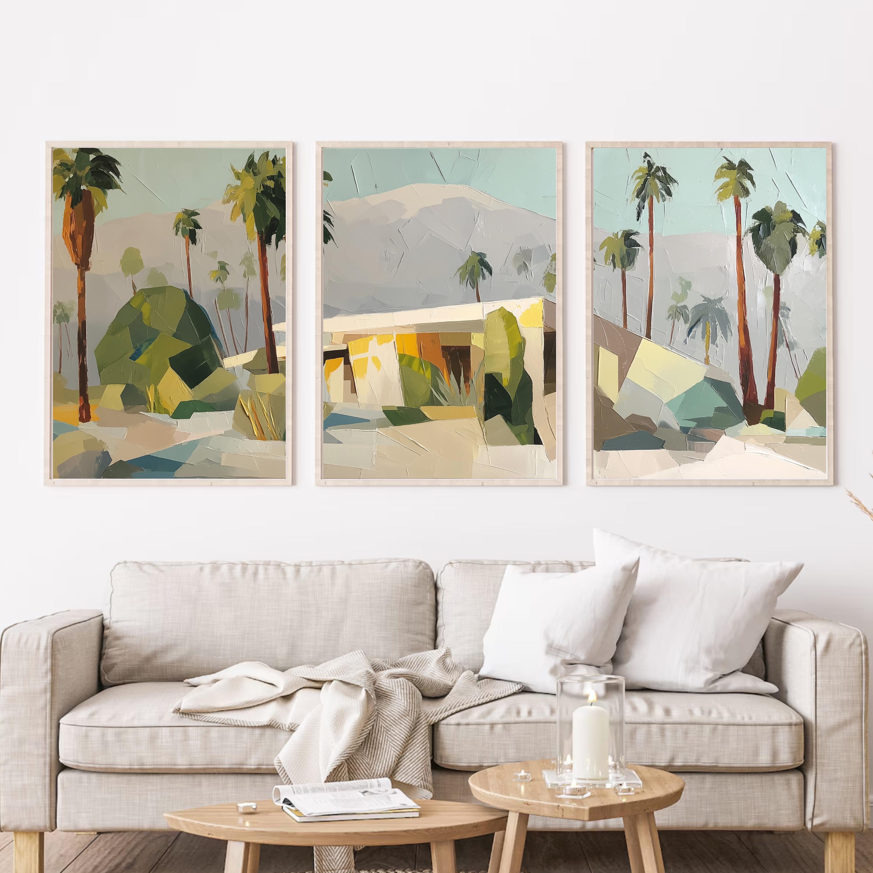 Palm Springs Wall Art Set of 3, Abstract Desert Landscape Prints, Mid Century Modern Palm Tree Decor, Neutral California Art