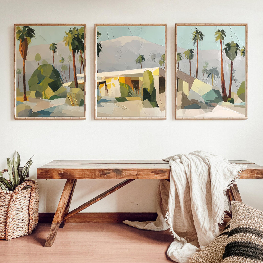 Palm Springs Wall Art Set of 3, Abstract Desert Landscape Prints, Mid Century Modern Palm Tree Decor, Neutral California Art
