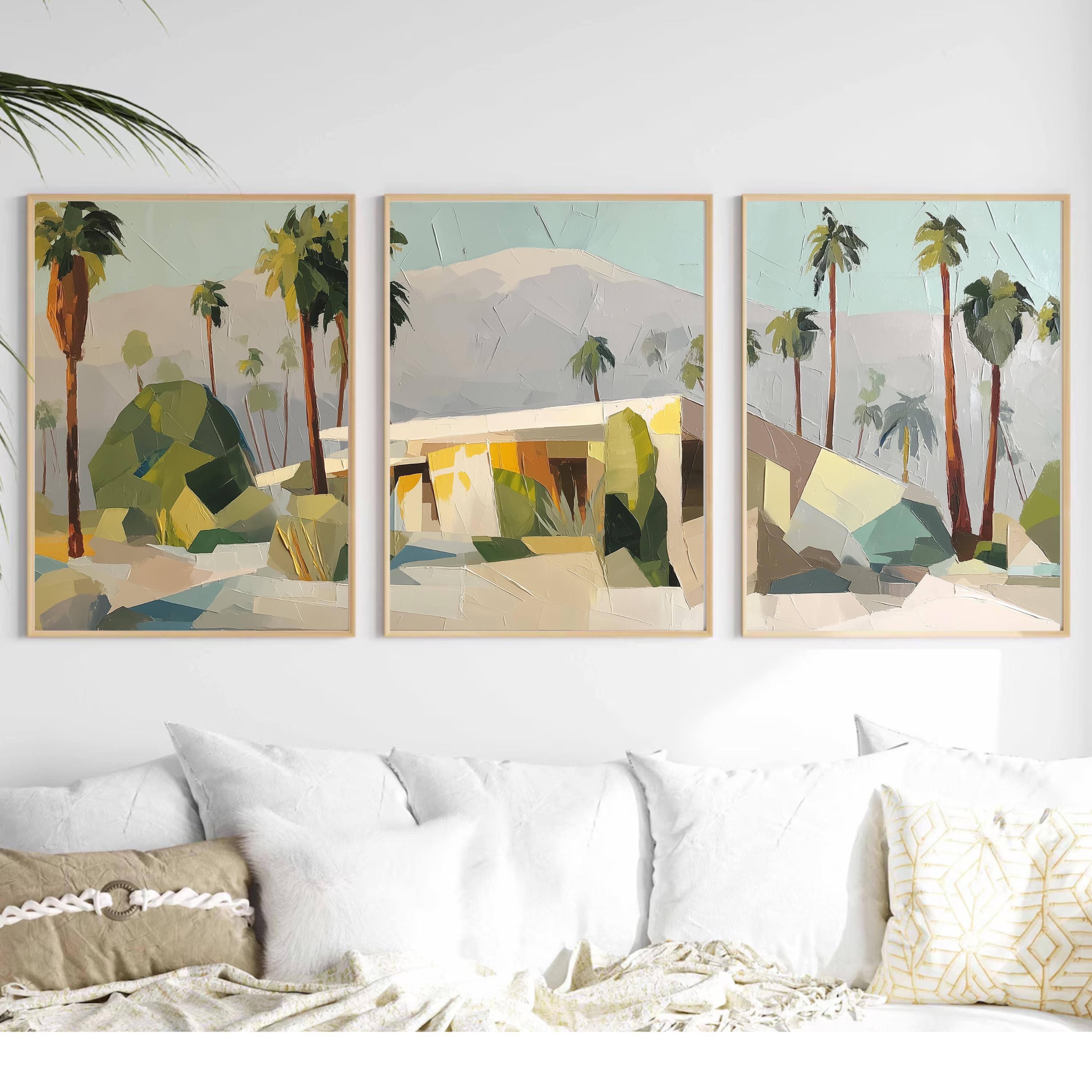 Palm Springs Wall Art Set of 3, Abstract Desert Landscape Prints, Mid Century Modern Palm Tree Decor, Neutral California Art