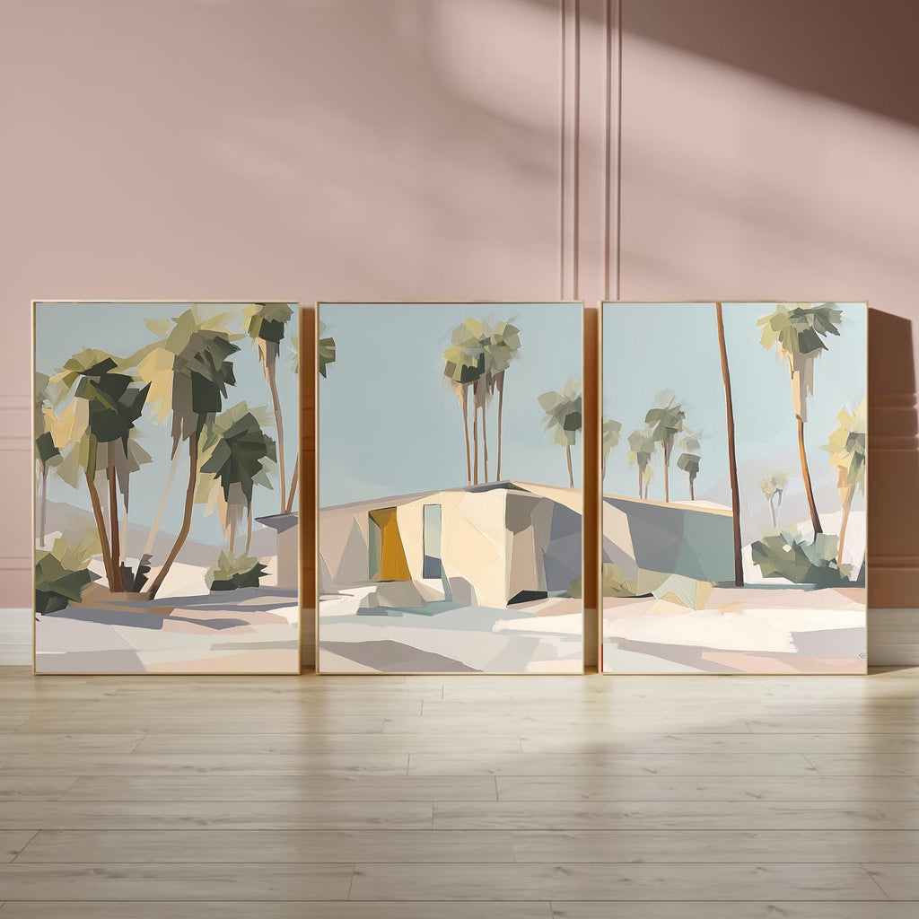 Retro Palm Springs Wall Art Set of 3, Neutral Desert Prints, Mid Century Modern Palm Tree Posters, California Modern Home Decor