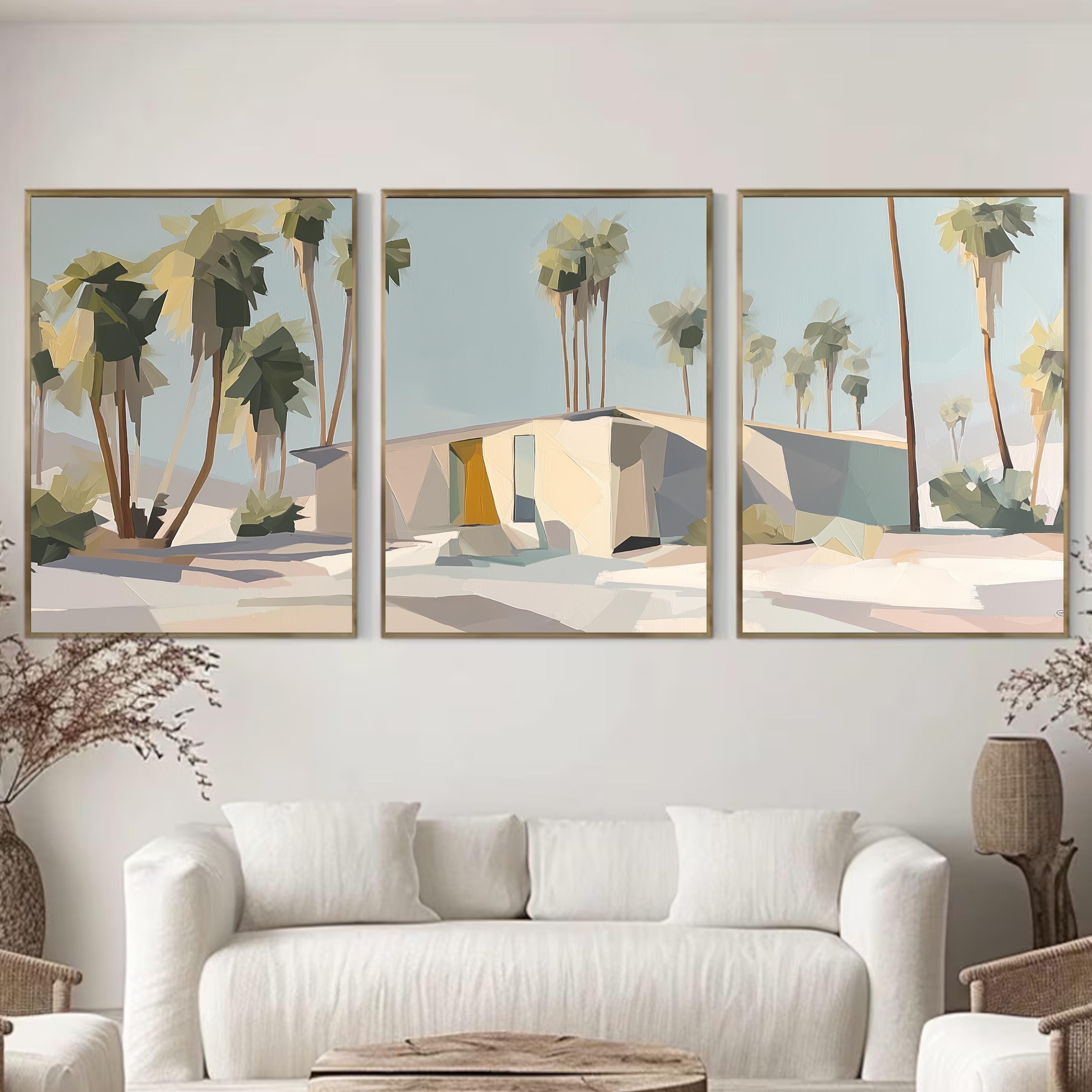 Retro Palm Springs Wall Art Set of 3, Neutral Desert Prints, Mid Century Modern Palm Tree Posters, California Modern Home Decor