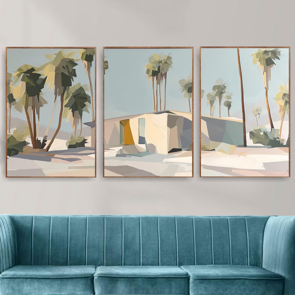 Retro Palm Springs Wall Art Set of 3, Neutral Desert Prints, Mid Century Modern Palm Tree Posters, California Modern Home Decor