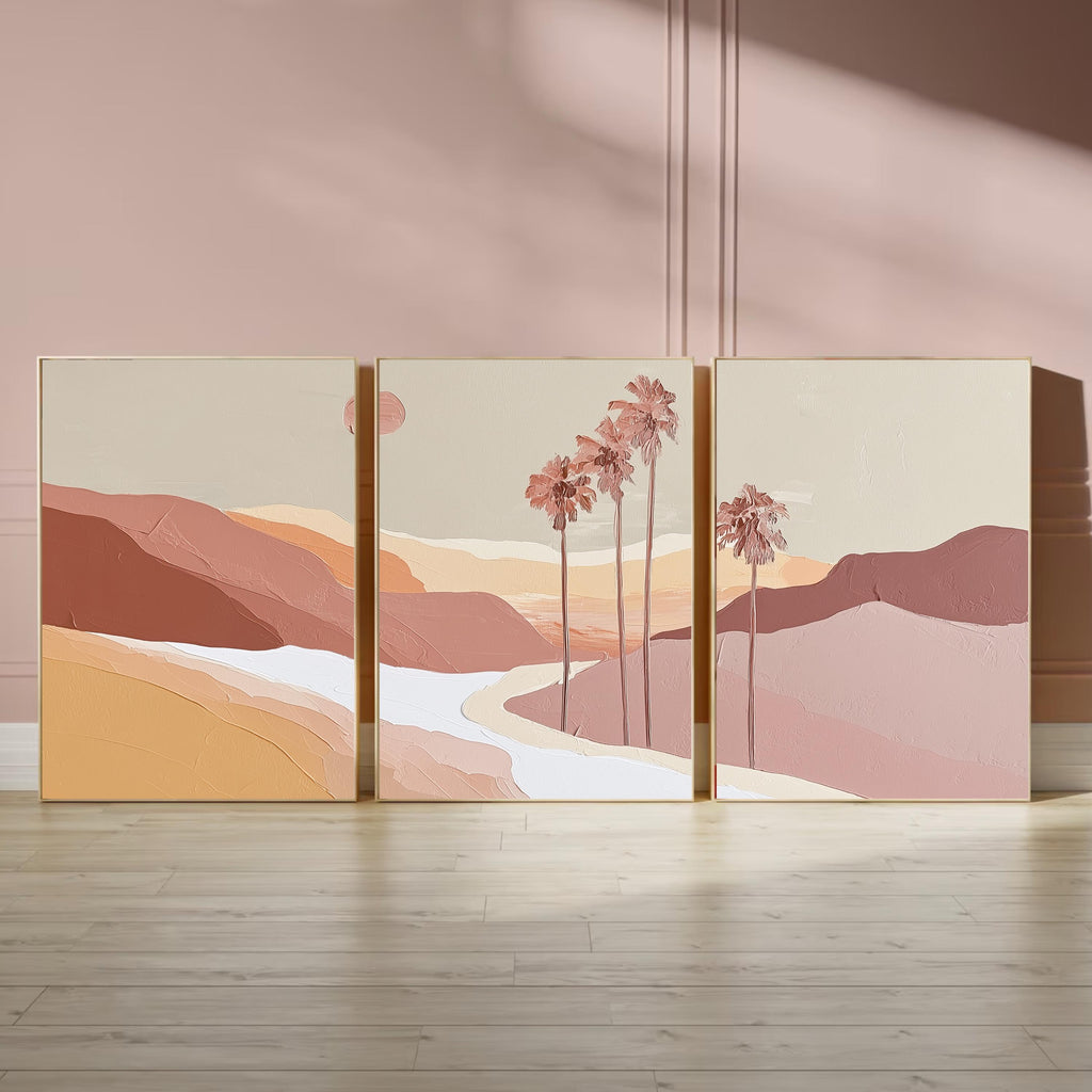 Blush Desert Wall Art Set of 3, Pink Palm Tree Prints, Neutral Landscape Posters, Modern Palm Springs Decor