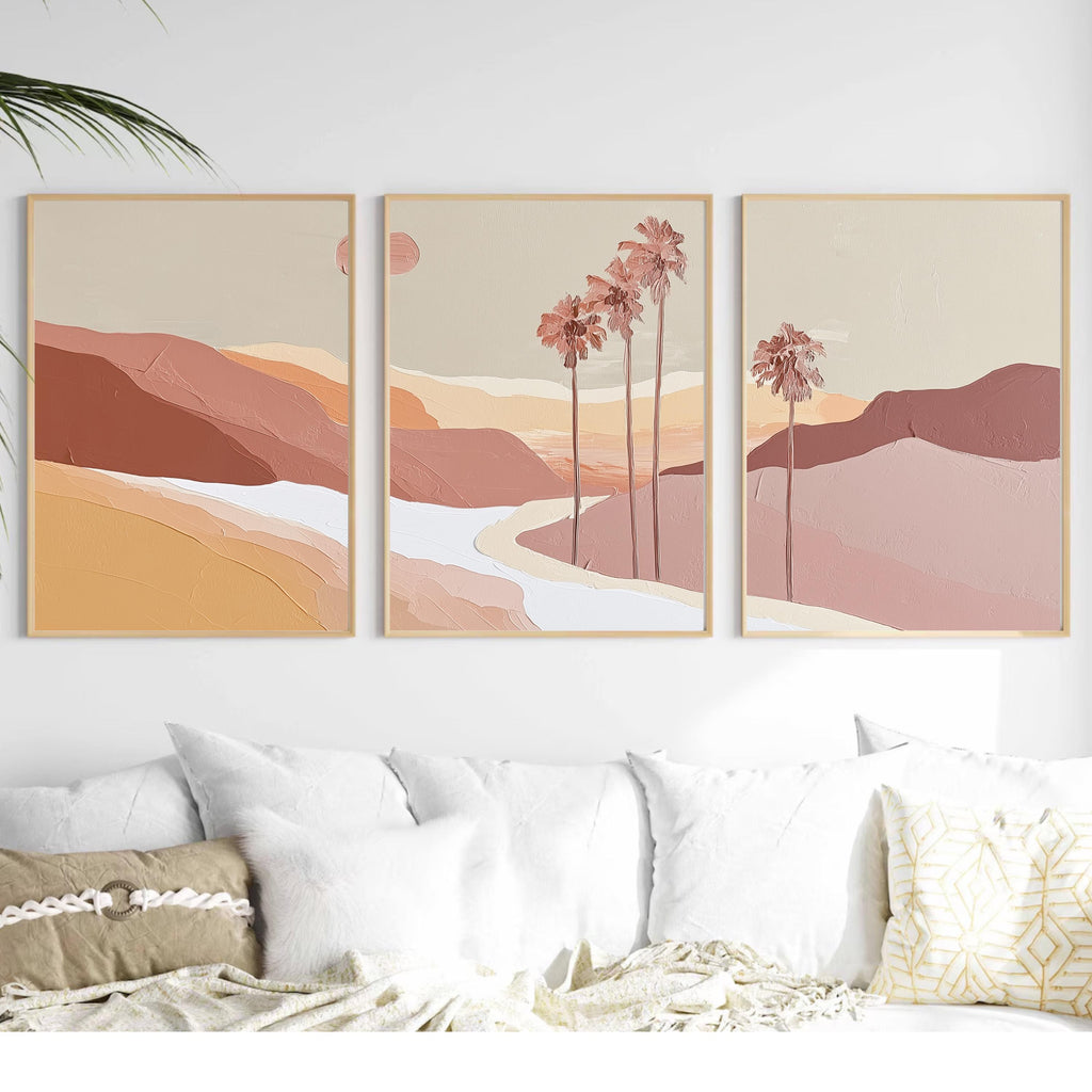 Blush Desert Wall Art Set of 3, Pink Palm Tree Prints, Neutral Landscape Posters, Modern Palm Springs Decor