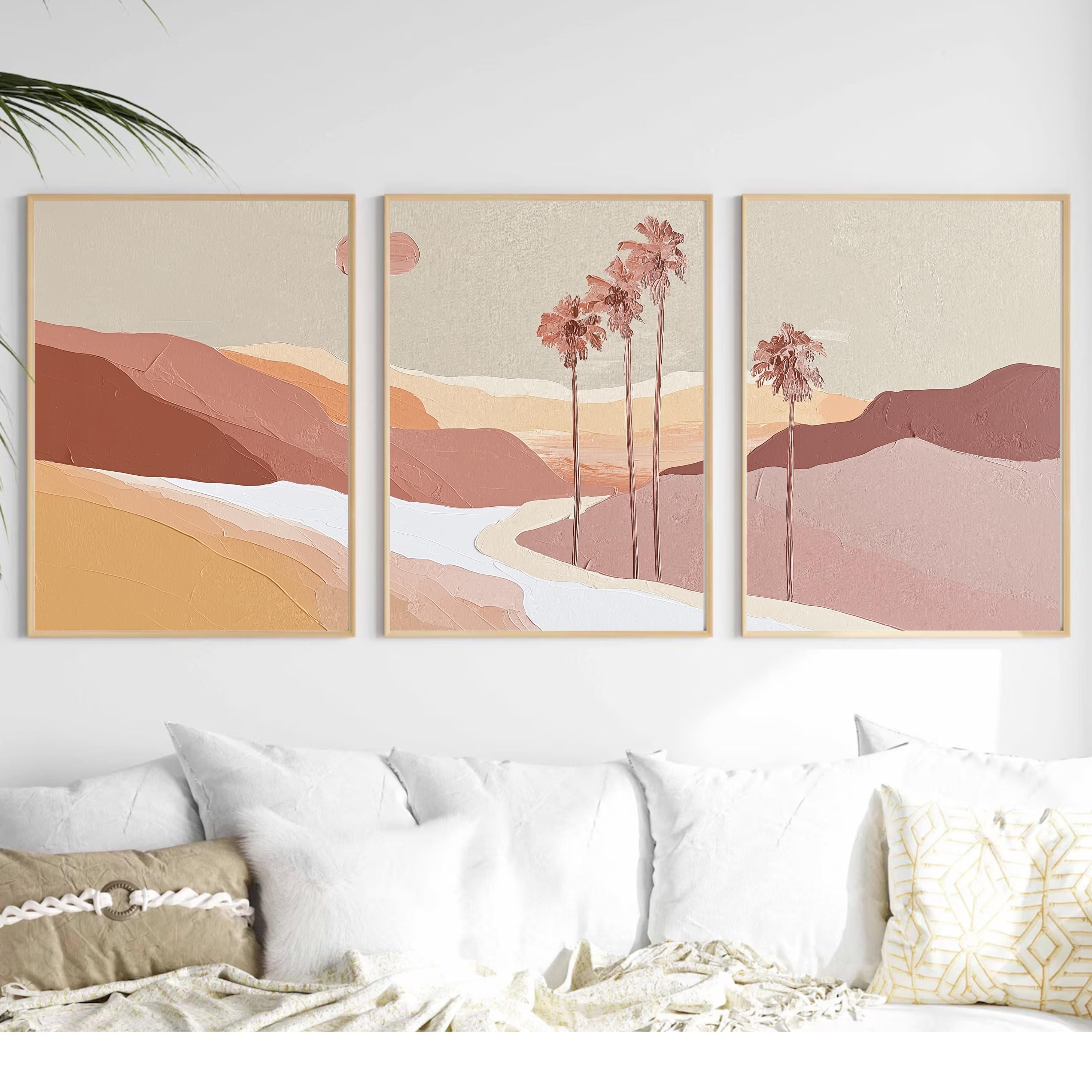Blush Desert Wall Art Set of 3, Pink Palm Tree Prints, Neutral Landscape Posters, Modern Palm Springs Decor