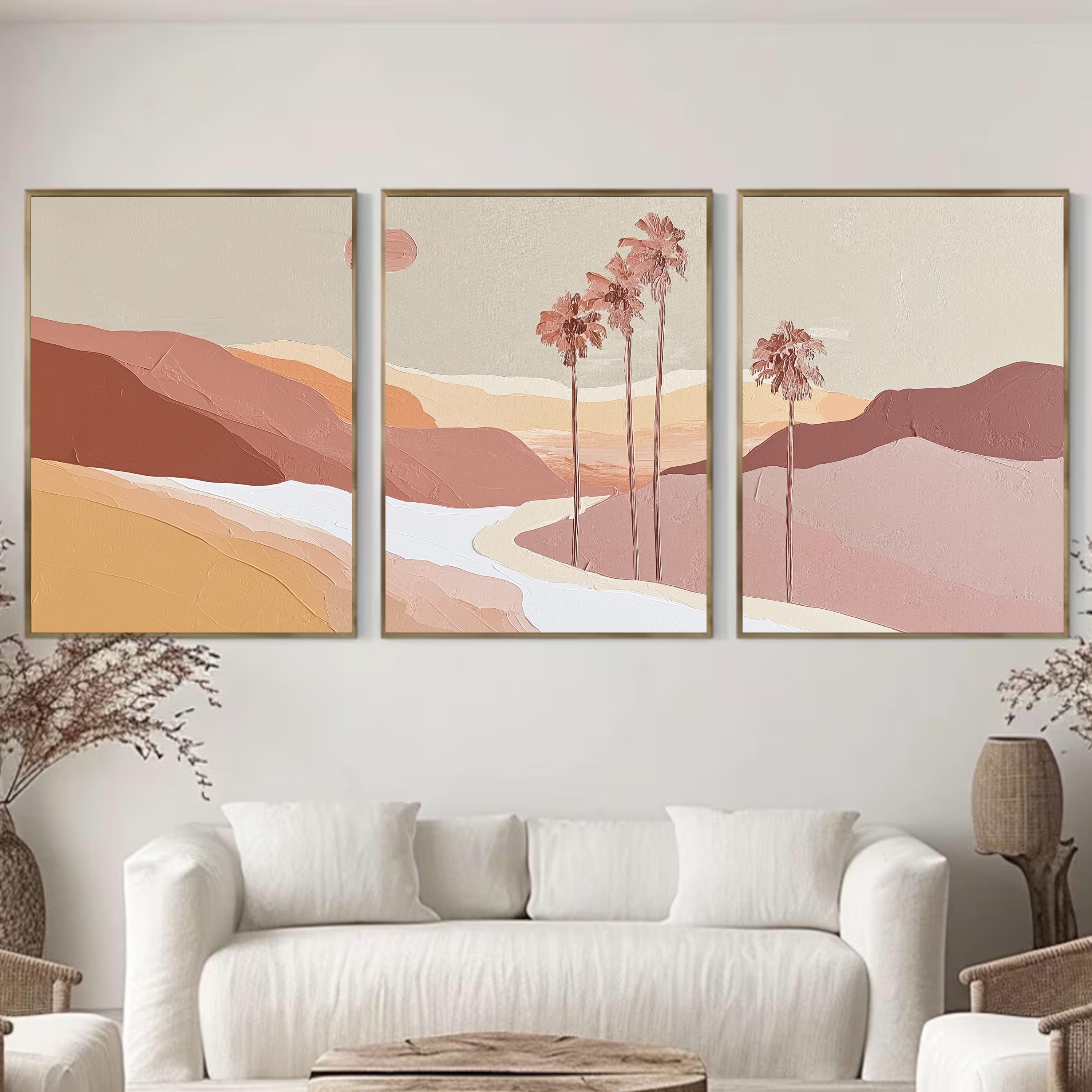 Blush Desert Wall Art Set of 3, Pink Palm Tree Prints, Neutral Landscape Posters, Modern Palm Springs Decor
