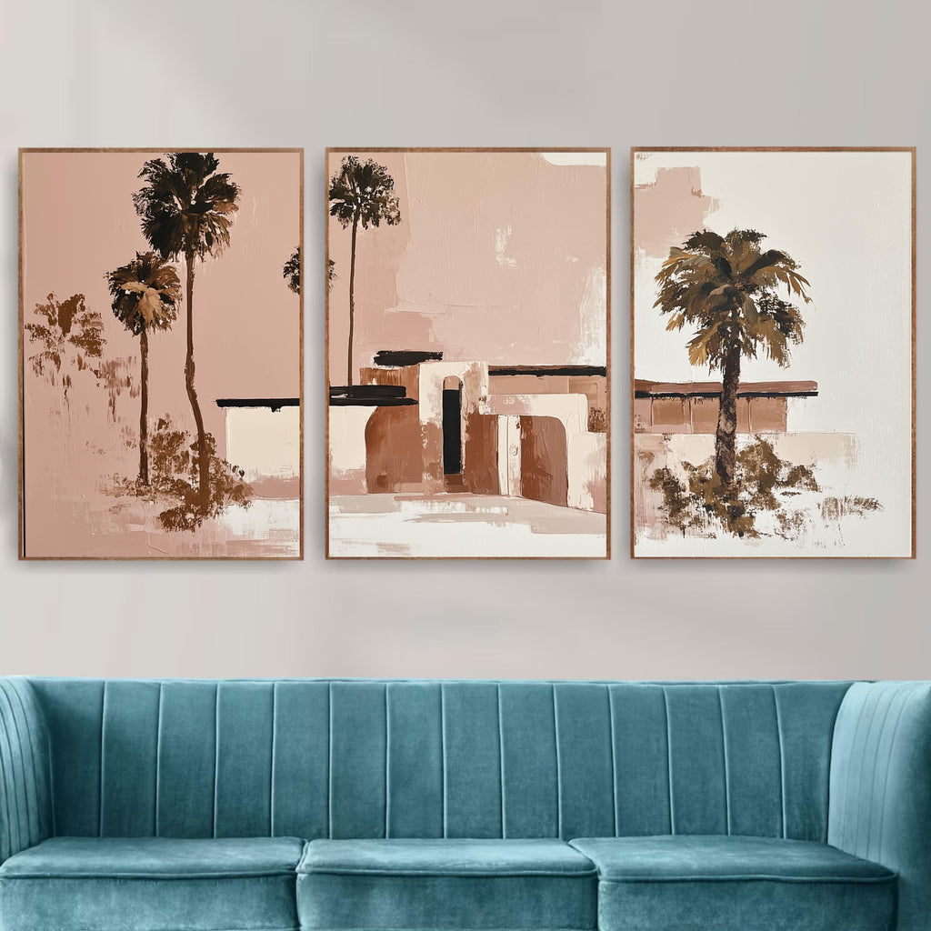 Teracotta Poster, Pink Palm Springs Wall Art Set of 3, Neutral Desert Prints, Modern Palm Tree Decor, Abstract California Poster Set
