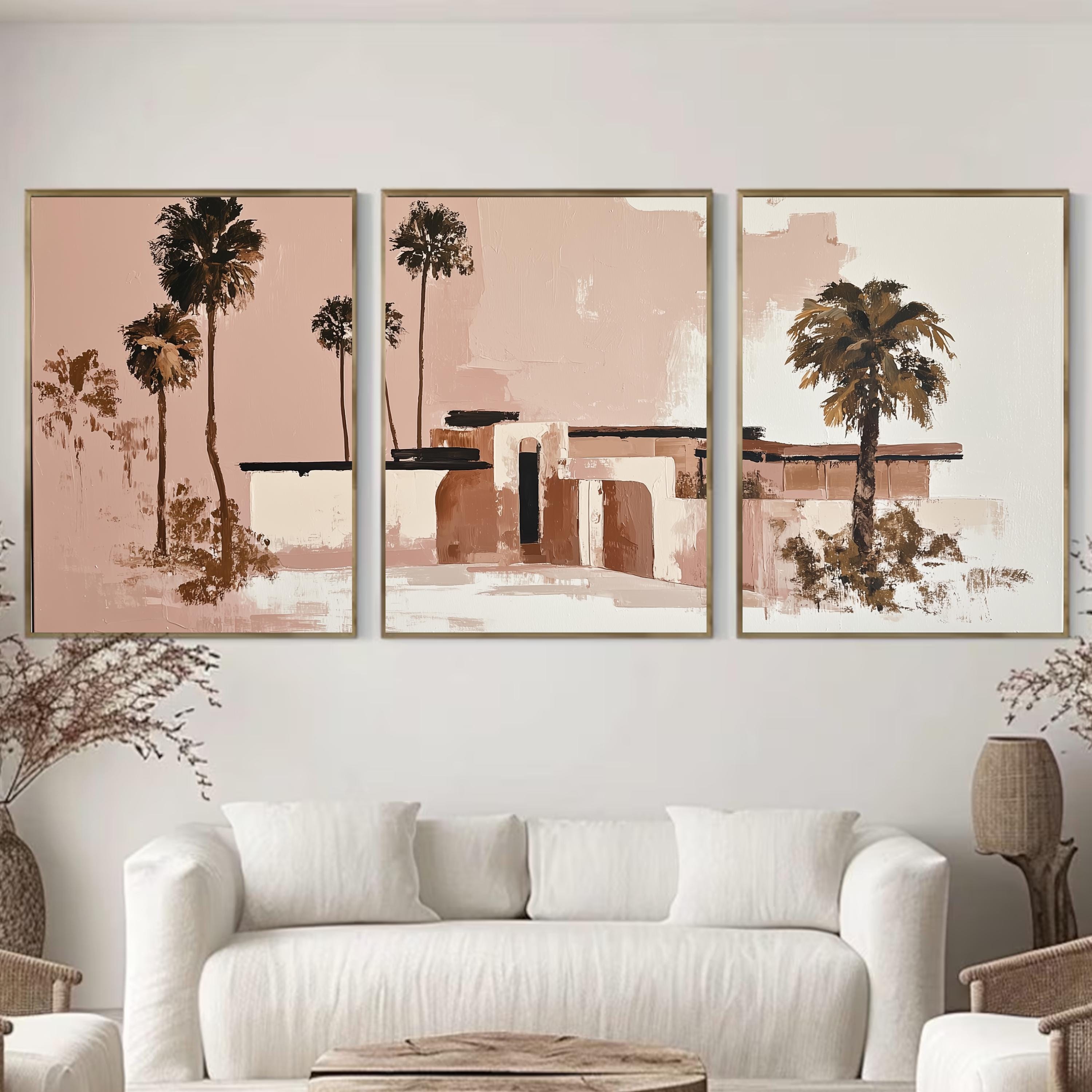 Teracotta Poster, Pink Palm Springs Wall Art Set of 3, Neutral Desert Prints, Modern Palm Tree Decor, Abstract California Poster Set