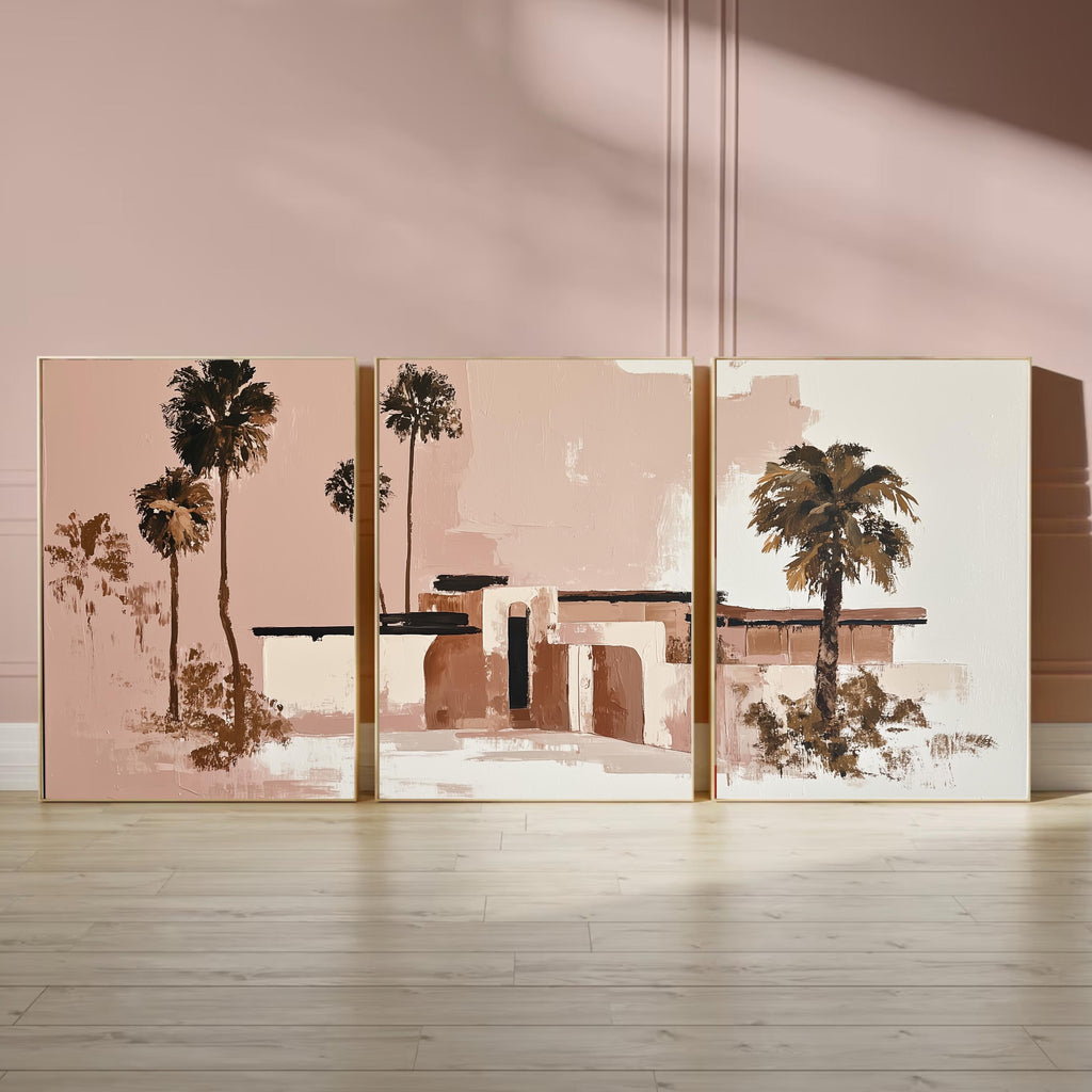 Teracotta Poster, Pink Palm Springs Wall Art Set of 3, Neutral Desert Prints, Modern Palm Tree Decor, Abstract California Poster Set