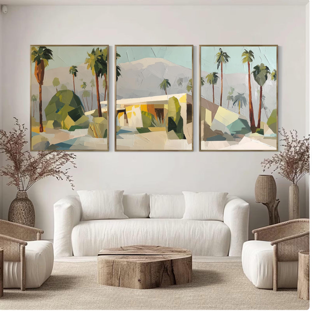 Palm Springs Wall Art Set of 3, Abstract Desert Landscape Prints, Mid Century Modern Palm Tree Decor, Neutral California Art