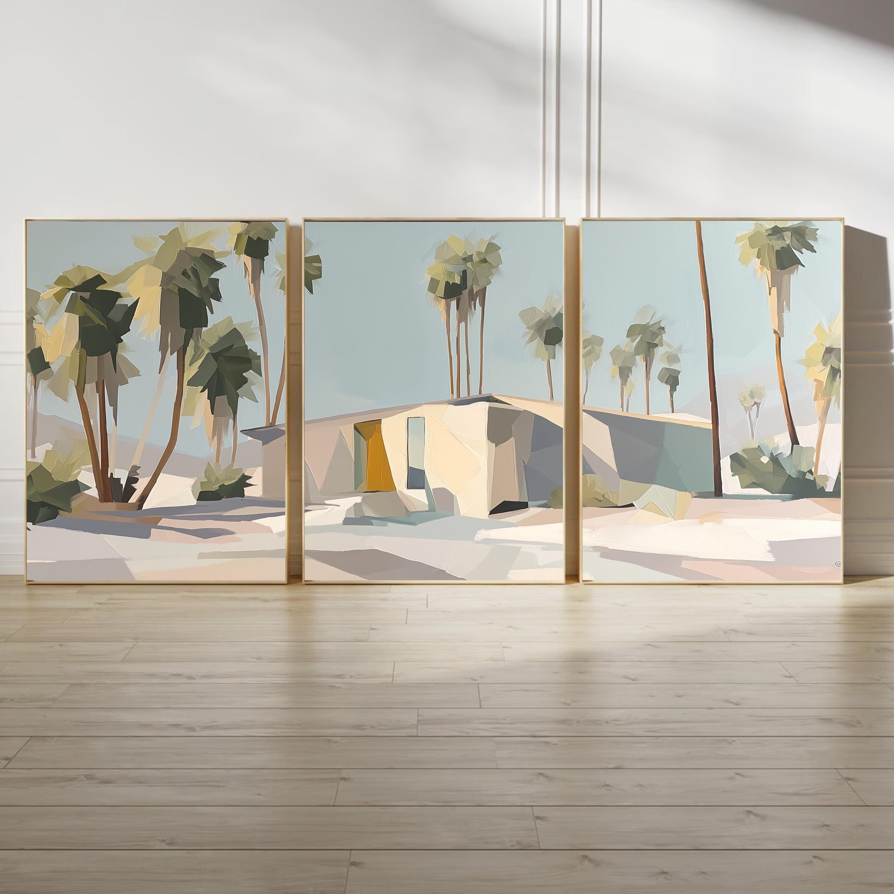 Retro Palm Springs Wall Art Set of 3, Neutral Desert Prints, Mid Century Modern Palm Tree Posters, California Modern Home Decor