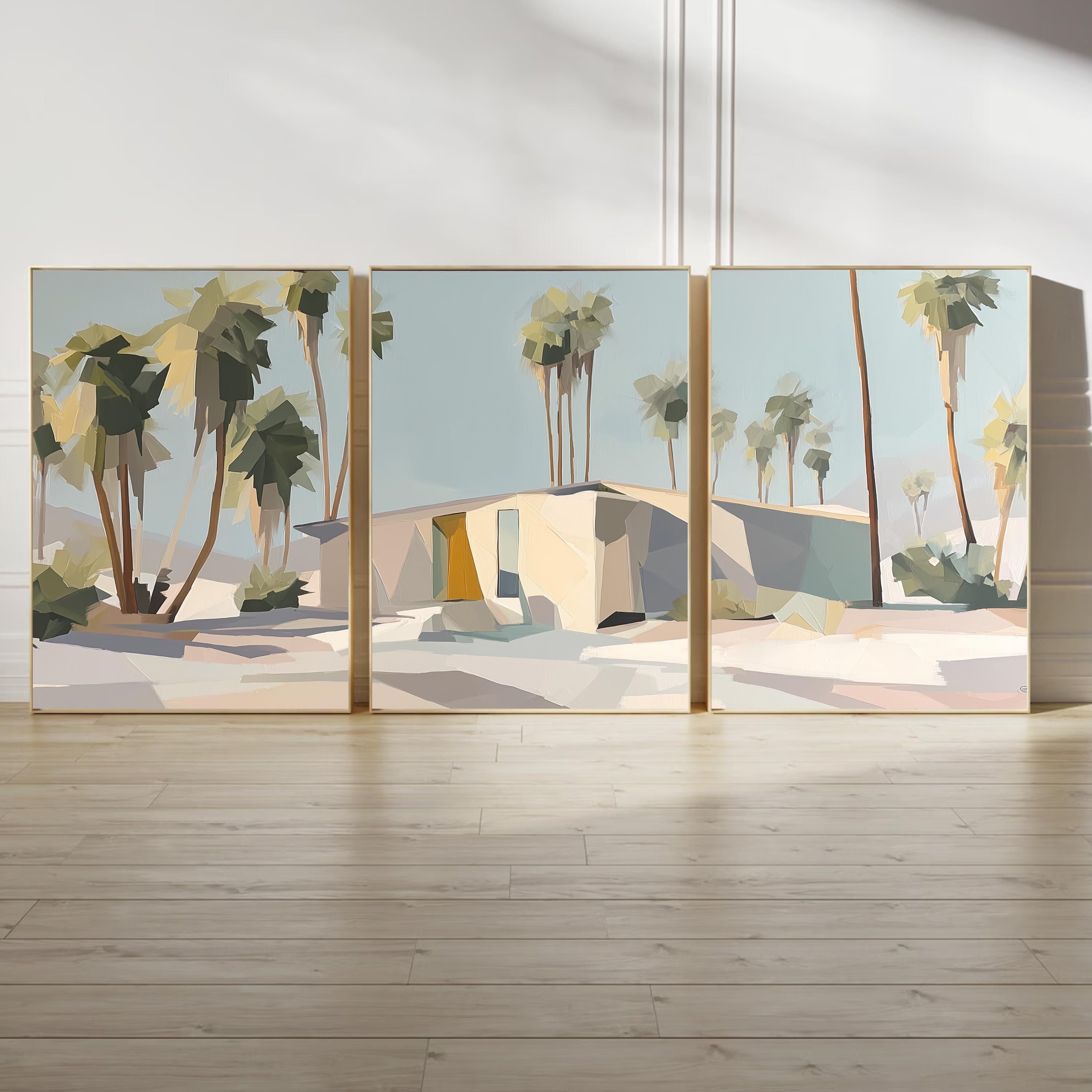 Retro Palm Springs Wall Art Set of 3, Neutral Desert Prints, Mid Century Modern Palm Tree Posters, California Modern Home Decor