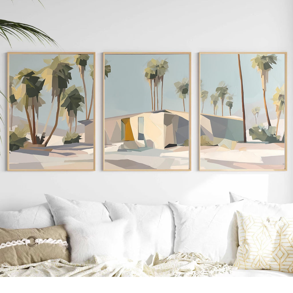 Retro Palm Springs Wall Art Set of 3, Neutral Desert Prints, Mid Century Modern Palm Tree Posters, California Modern Home Decor